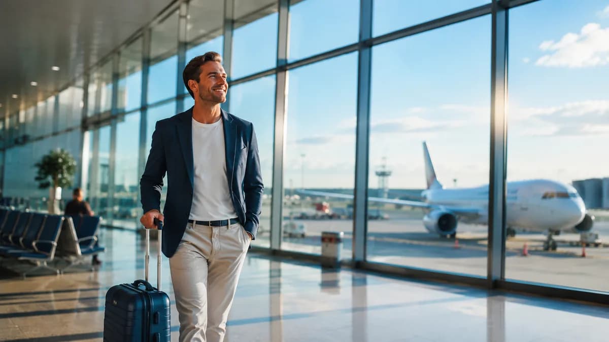 Reisender mit Koffer im Flughafen, Illustration der Erstattung von Steuern eines nicht genutzten Flugtickets